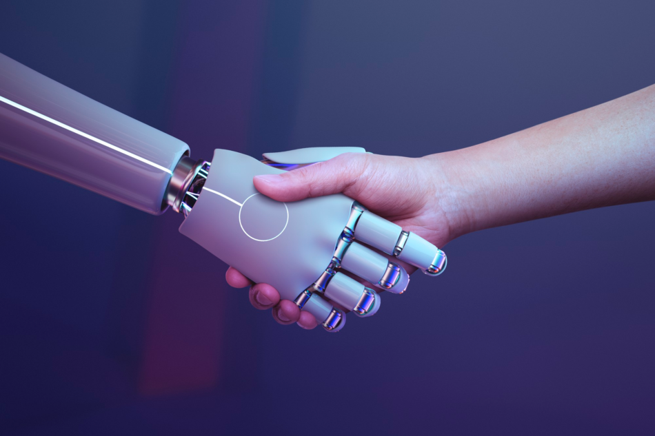 wide image of AI shaking hand